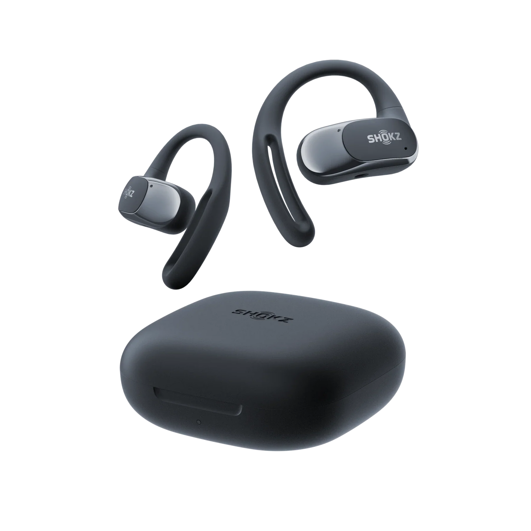 Shokz OpenFit Air wireless earbuds in black with charging case on white background