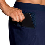 Navy Brooks Sherpa 7 inch 2-in-1 men's shorts with phone pocket detail