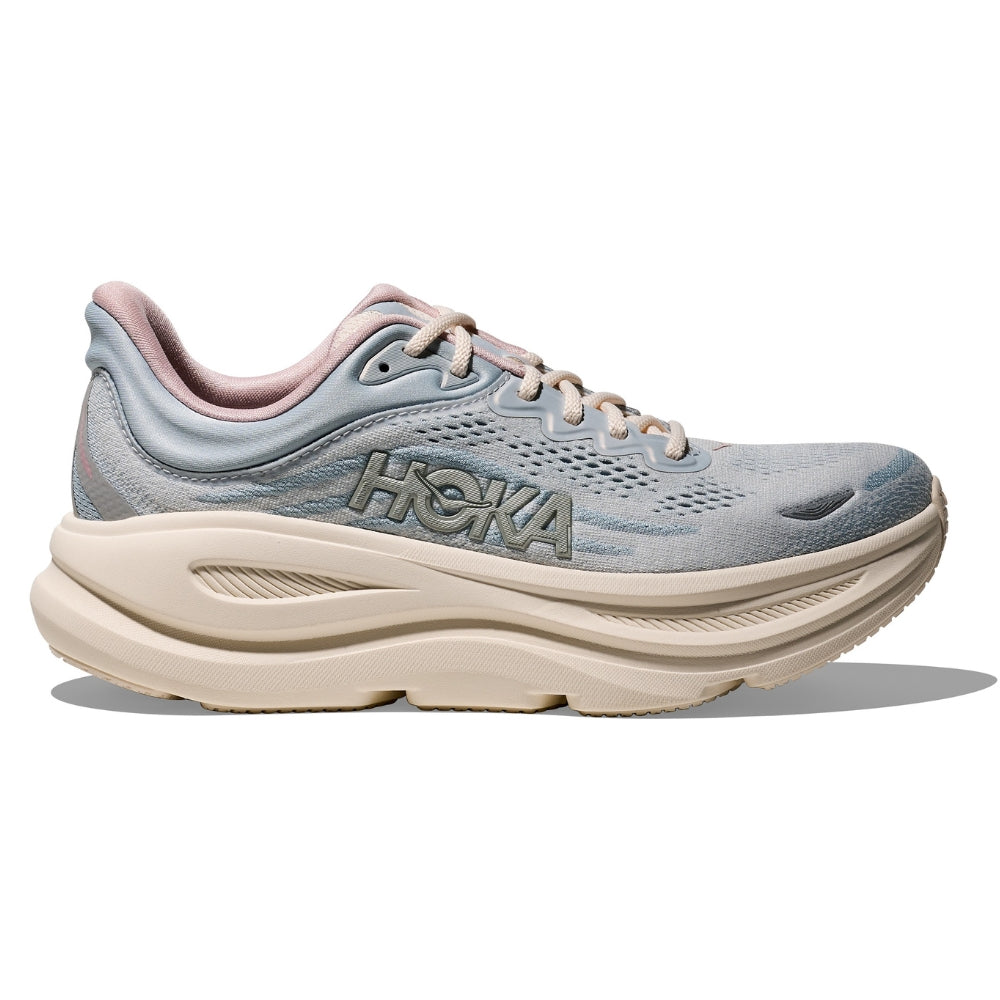 HOKA Bondi 9 GLM women's running shoe in Alabaster Mineral Blue colorway
