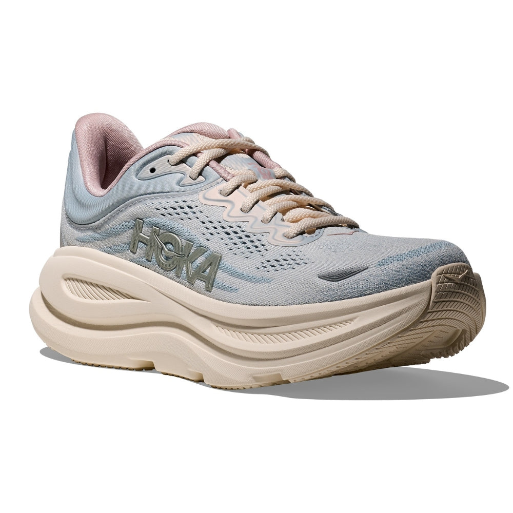 HOKA Bondi 9 GLM running shoe in Alabaster Mineral Blue with cream midsole