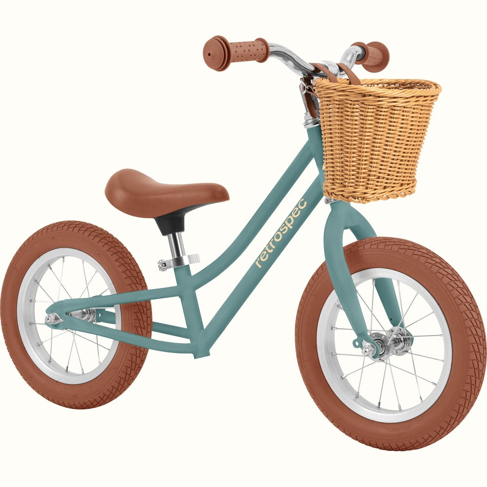 Retrospec Baby Beaumont 12-inch kids balance bike in Clover Matte with wicker basket