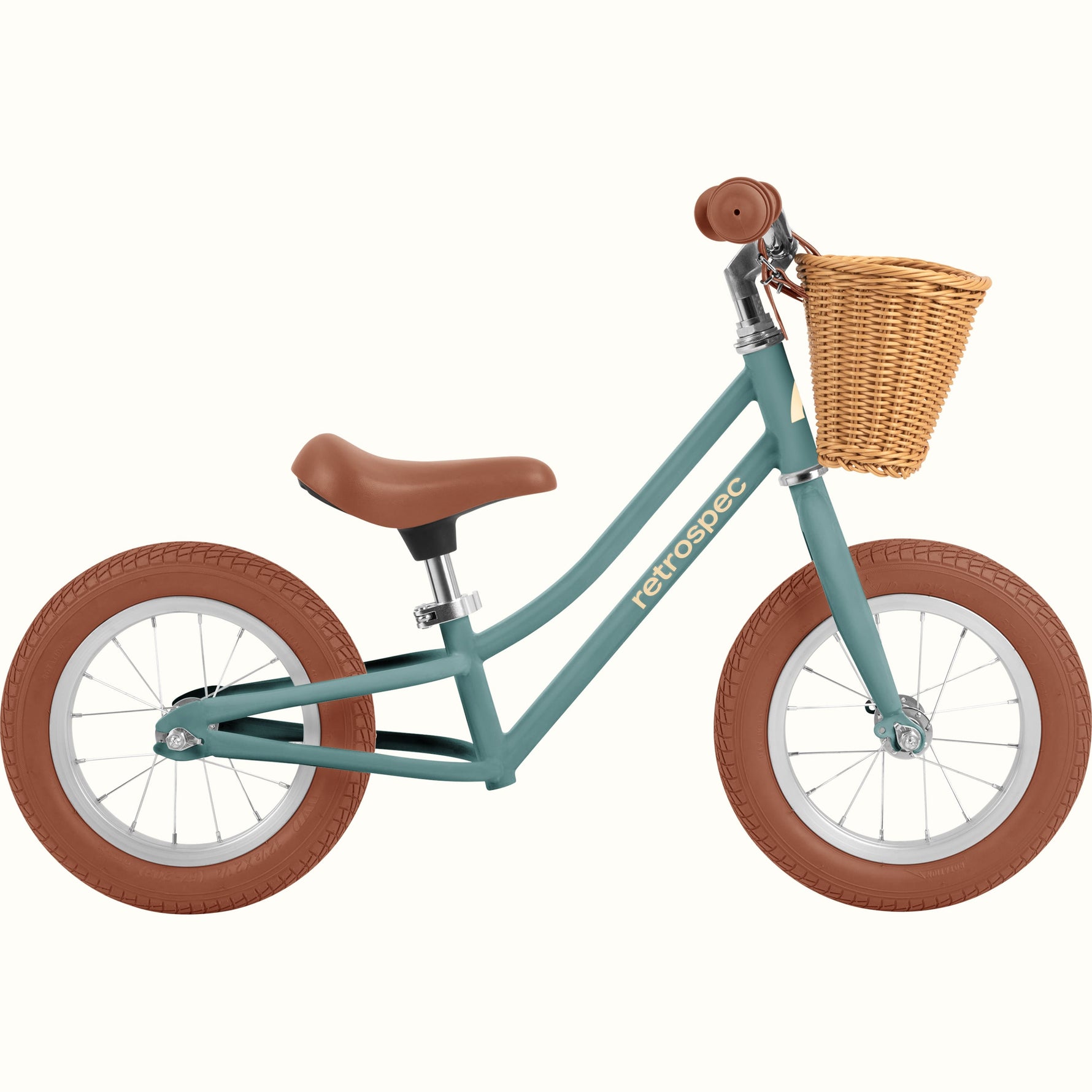 Retrospec Baby Beaumont 12-inch kids balance bike in Clover Matte teal with wicker basket