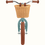 Retrospec Baby Beaumont 12-inch kids balance bike in Clover Matte with wicker basket, front view