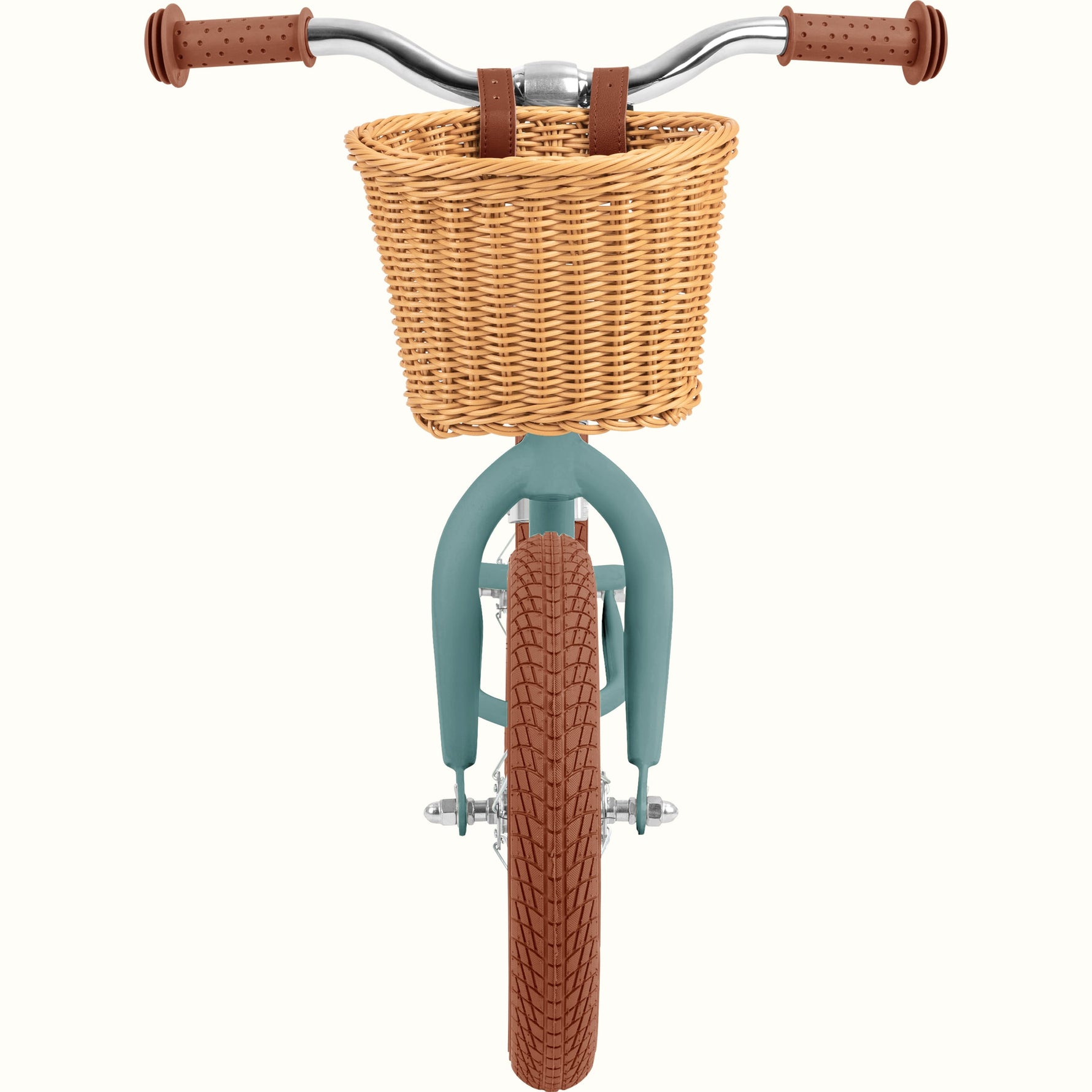 Retrospec Baby Beaumont 12-inch kids balance bike in Clover Matte with wicker basket, front view