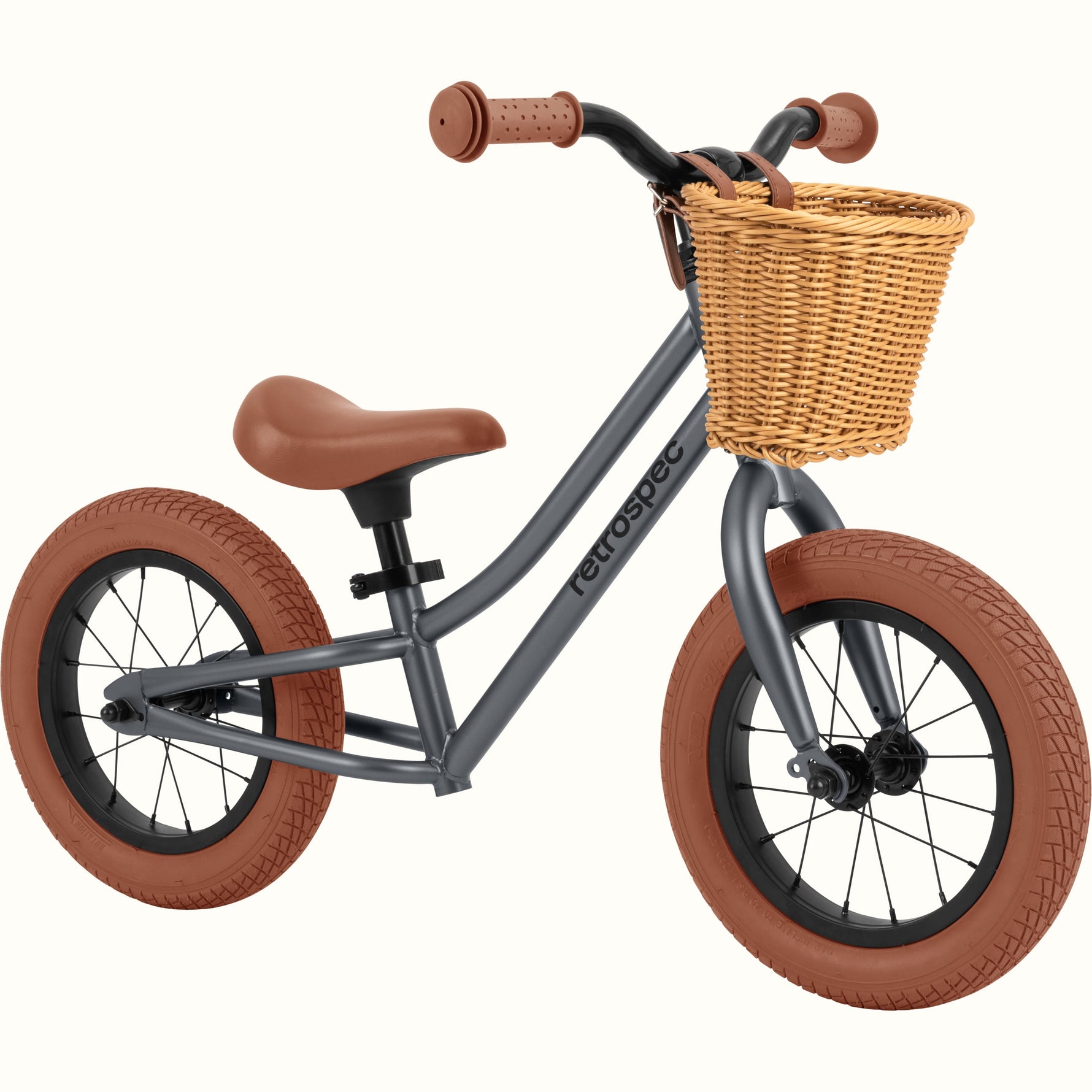 Retrospec Baby Beaumont 12-inch kids balance bike in graphite matte with wicker basket