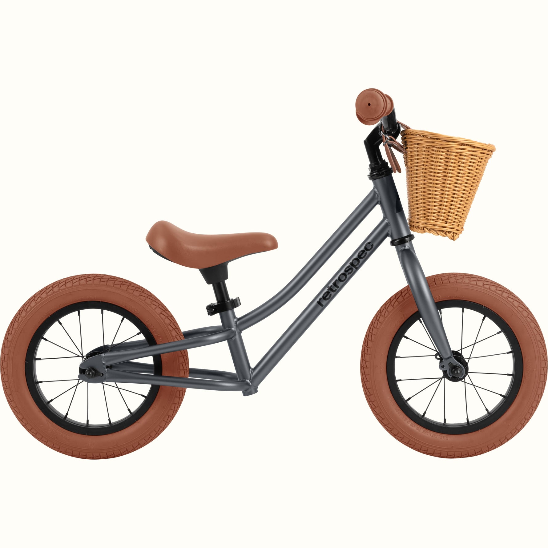 Retrospec Baby Beaumont 12-inch kids balance bike in graphite matte with wicker basket