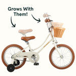 Retrospec Beaumont Mini 16-inch kids bike in eggshell white with wicker basket and training wheels
