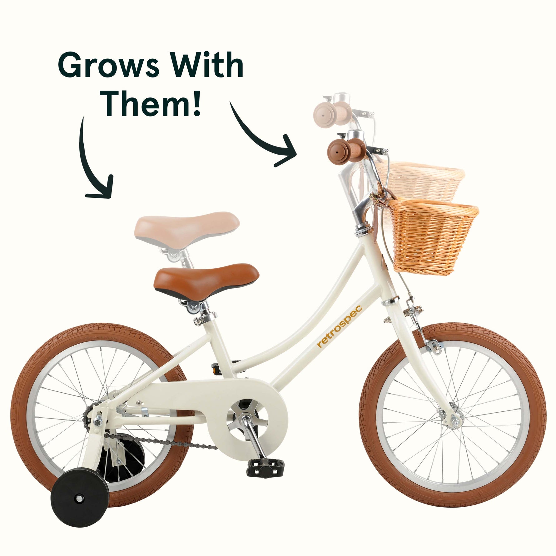 Retrospec Beaumont Mini 16-inch kids bike in eggshell white with wicker basket and training wheels