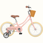Retrospec Beaumont Mini 16-inch kids bike in blush pink with wicker basket and training wheels