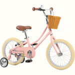 Retrospec Beaumont Mini 16-inch kids bike in blush pink with wicker basket and training wheels