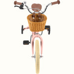 Retrospec Beaumont Mini 16-inch kids bike in blush pink with wicker basket and training wheels