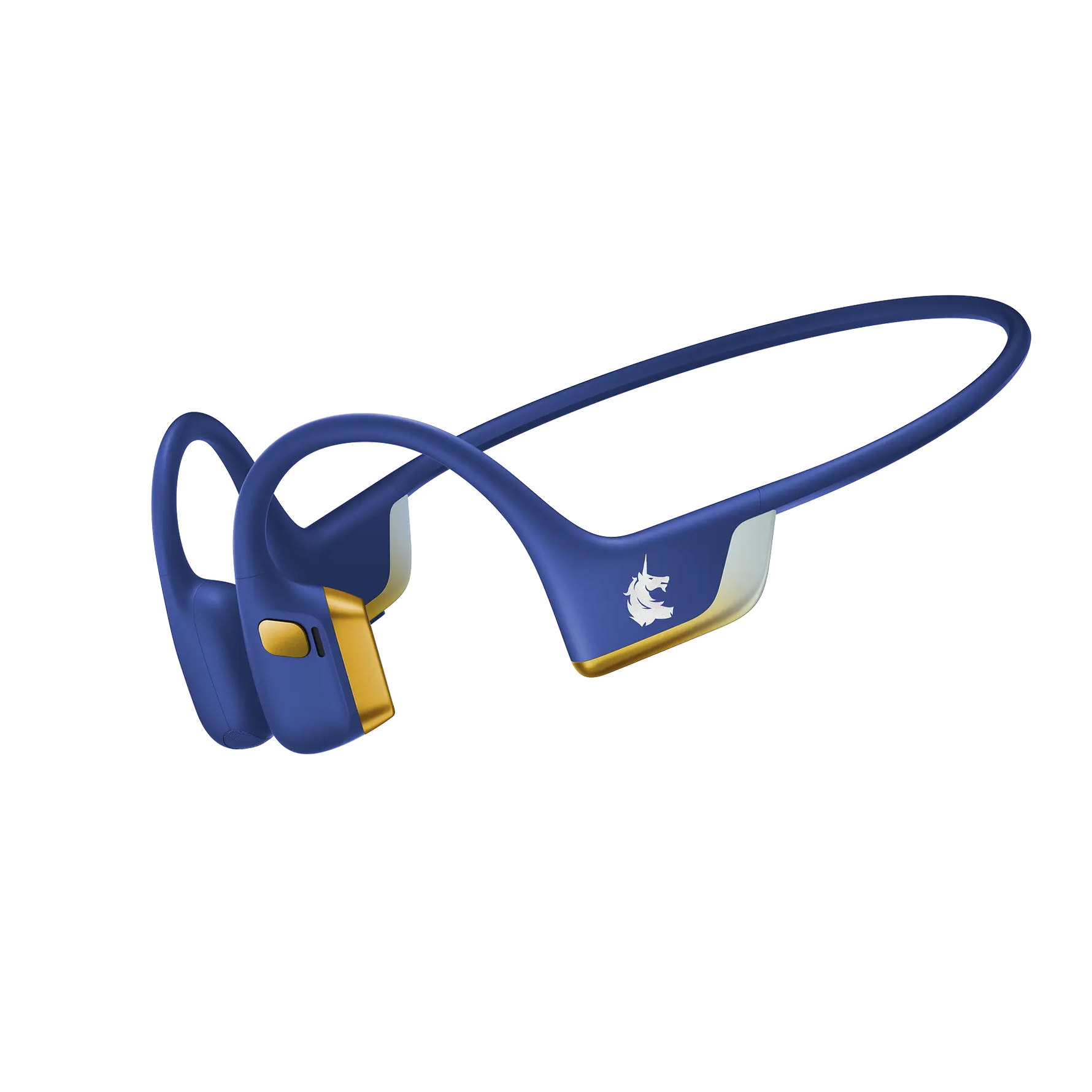 Shokz OpenRun Pro 2 bone conduction headphones in blue with gold accents