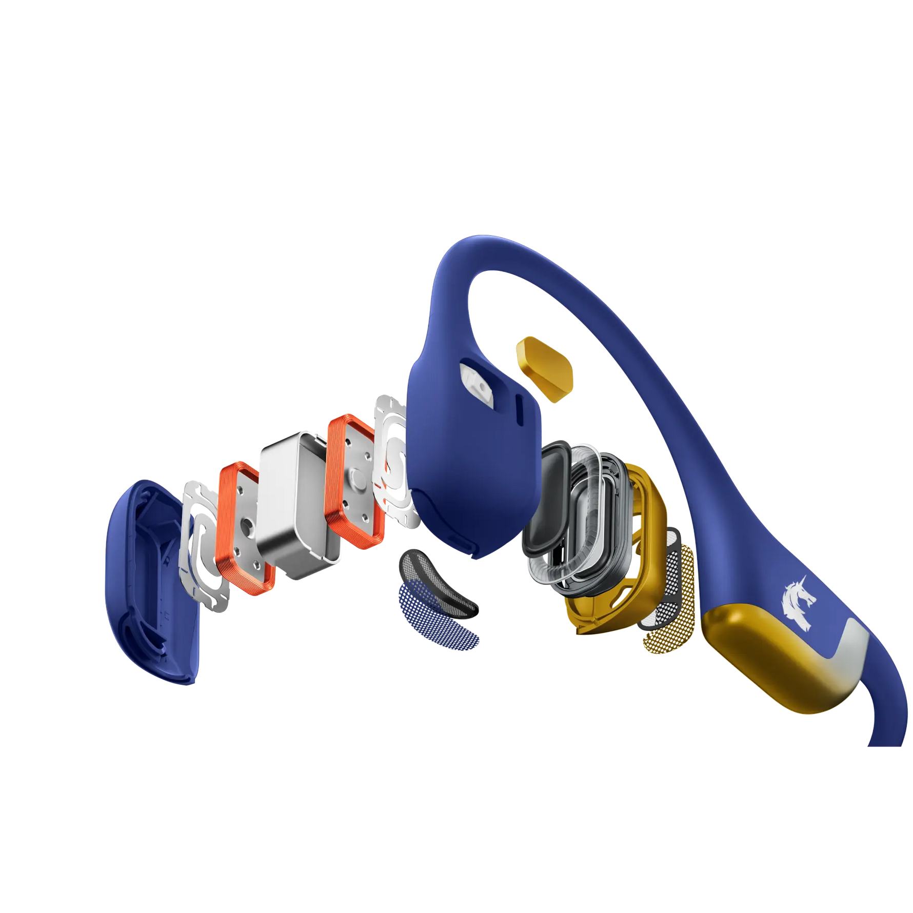 Shokz bone conduction headphones exploded view showing internal components and blue exterior design
