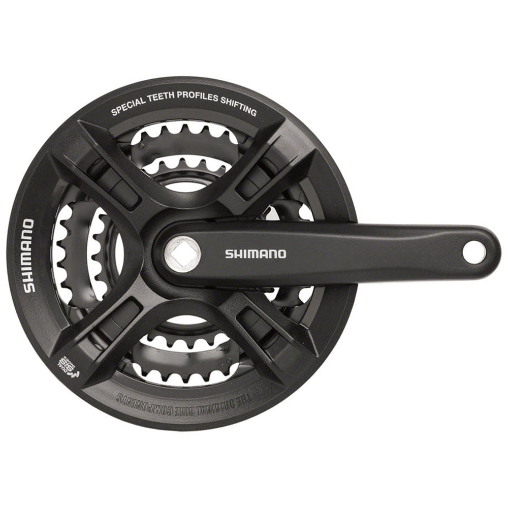 Shimano FC-M311-L black triple chainring crankset with chain guard for 7/8 speed