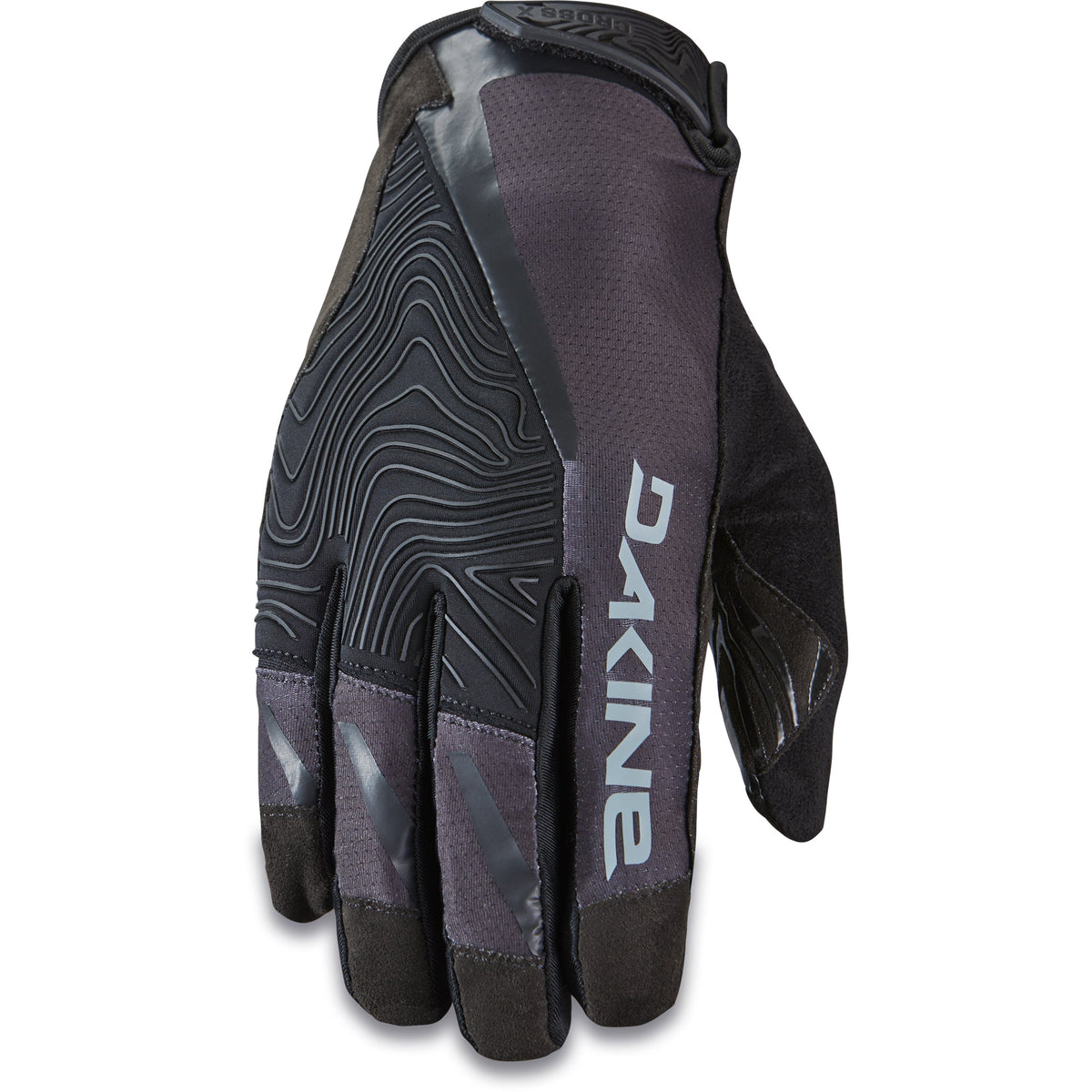 Dakine Cross X men's black cycling glove with topographic map pattern on dorsal side