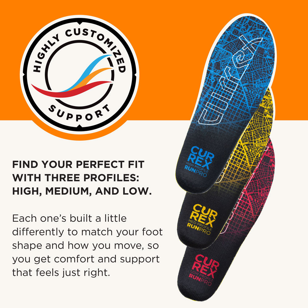 Currex RunPro insoles showing three arch profiles with colorful city map designs