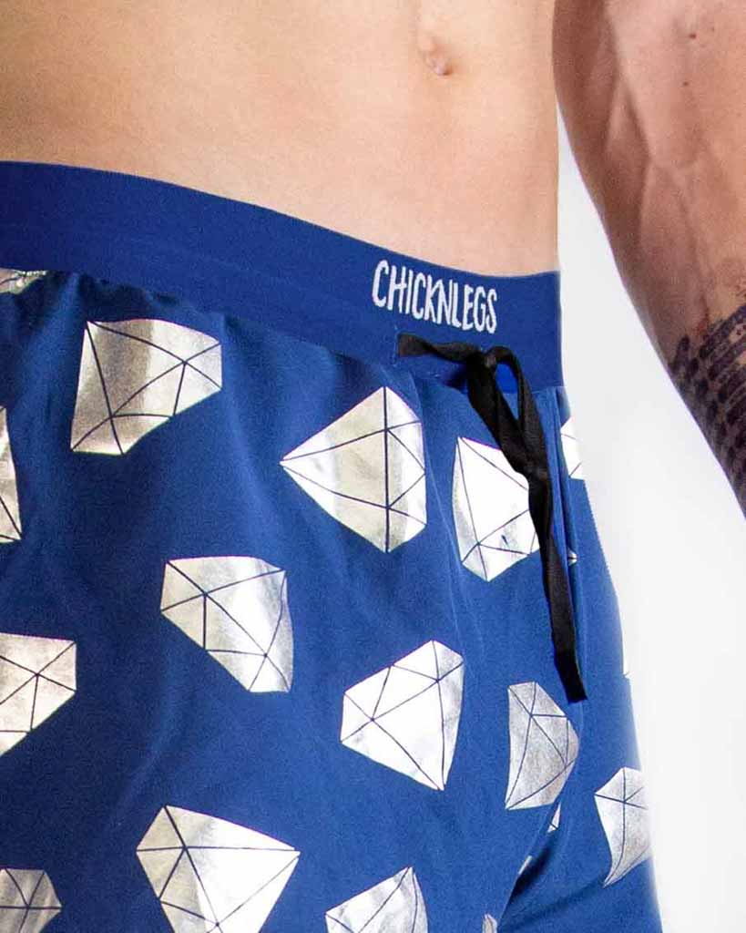 ChicknLegs men's blue shorts with white geometric diamond pattern and drawstring waist