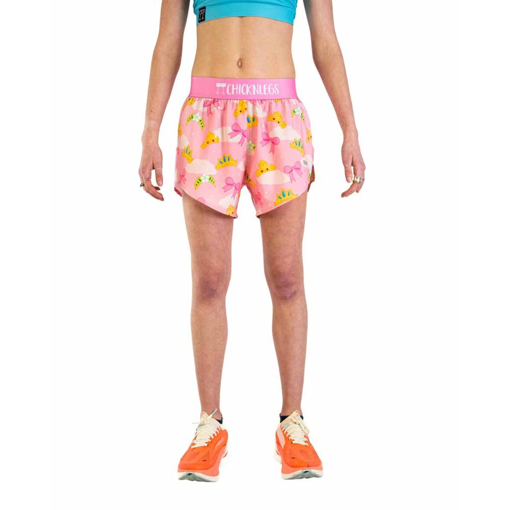 Pink athletic shorts with princess tiara pattern and ChicknLegs waistband