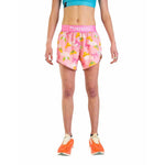Pink athletic shorts with princess tiara pattern and ChicknLegs waistband