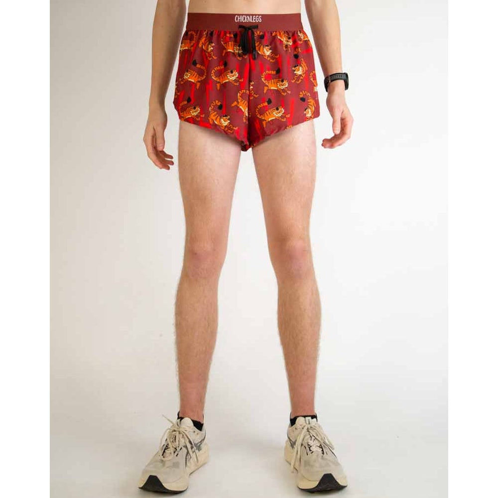 ChicknLegs 2-inch DS Split Shorts in red tiger print pattern on model