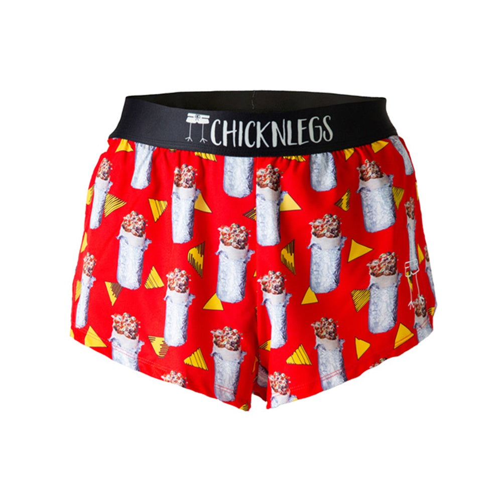 Red men's split shorts with repeating burrito and triangle pattern by Chicknlegs