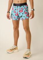 ChicknLegs men's light blue running shorts with pink flamingo pattern and split hem