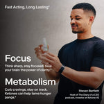Man holding Ketone-IQ supplement bottle, professional marketing image with focus and metabolism benefits text