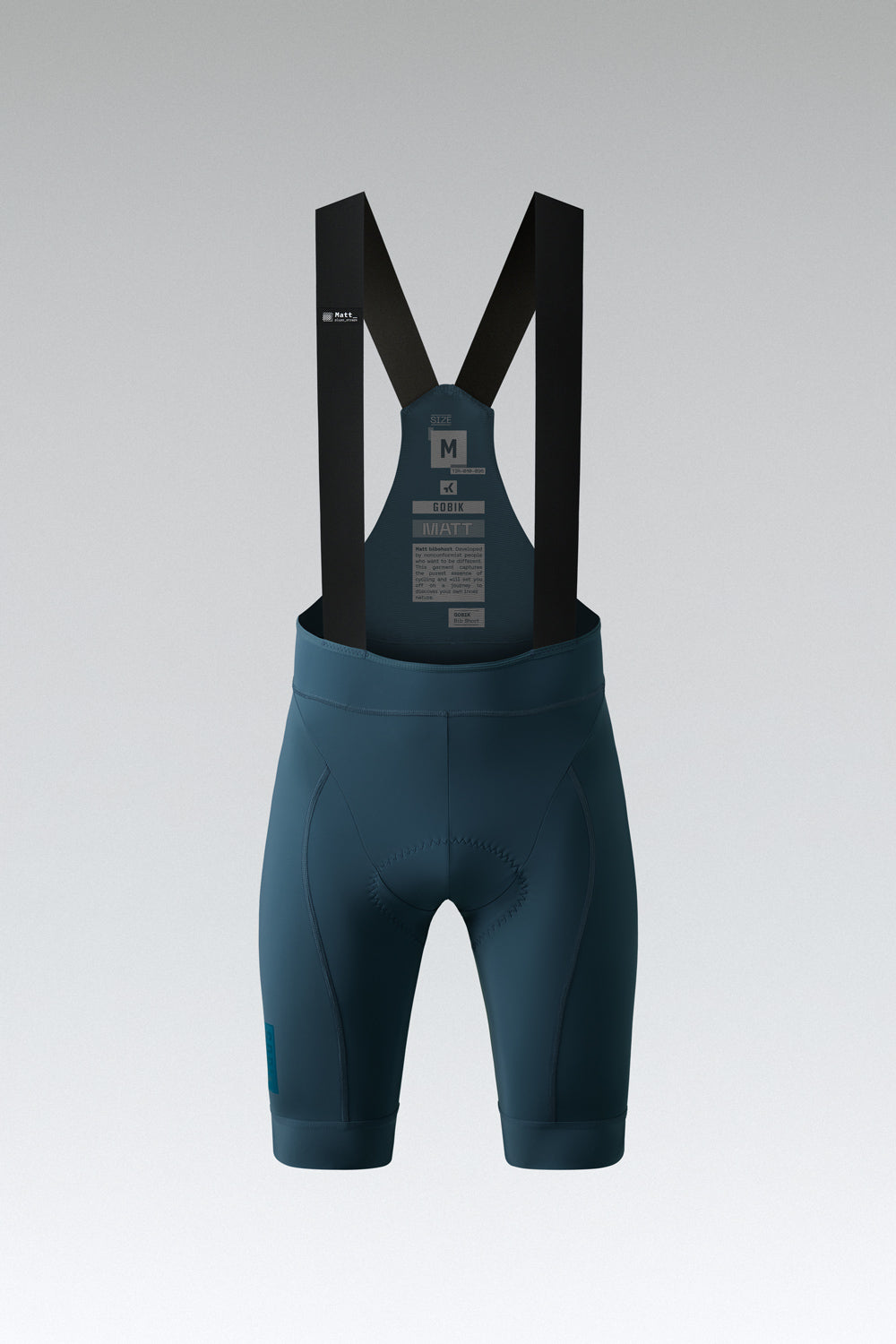Gobik Matt 2.0 Men's Bibshorts in Corsair blue with black shoulder straps on white background