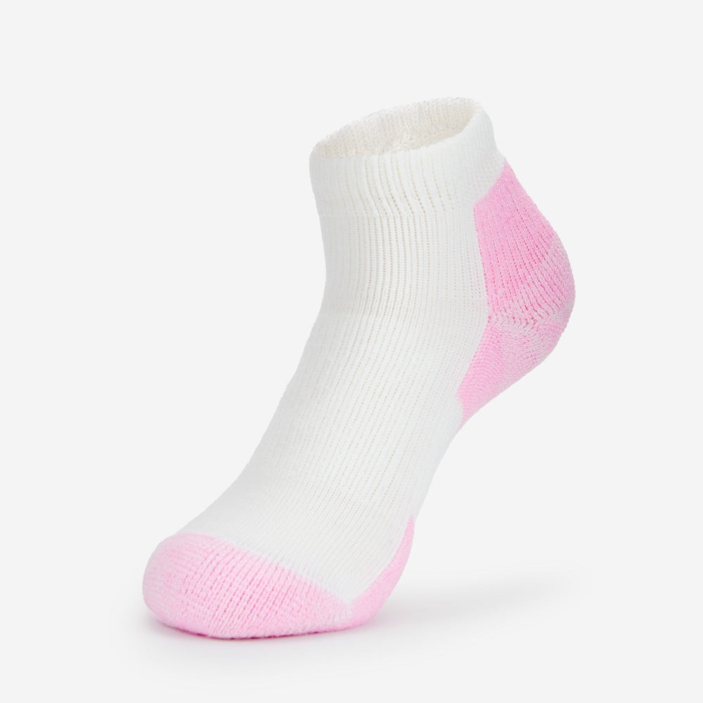 Thorlos women's white ankle sock with pink heel and toe cushioning panels