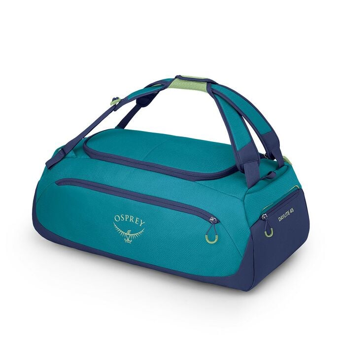Osprey Daylite Duffel bag in teal and navy blue colorway