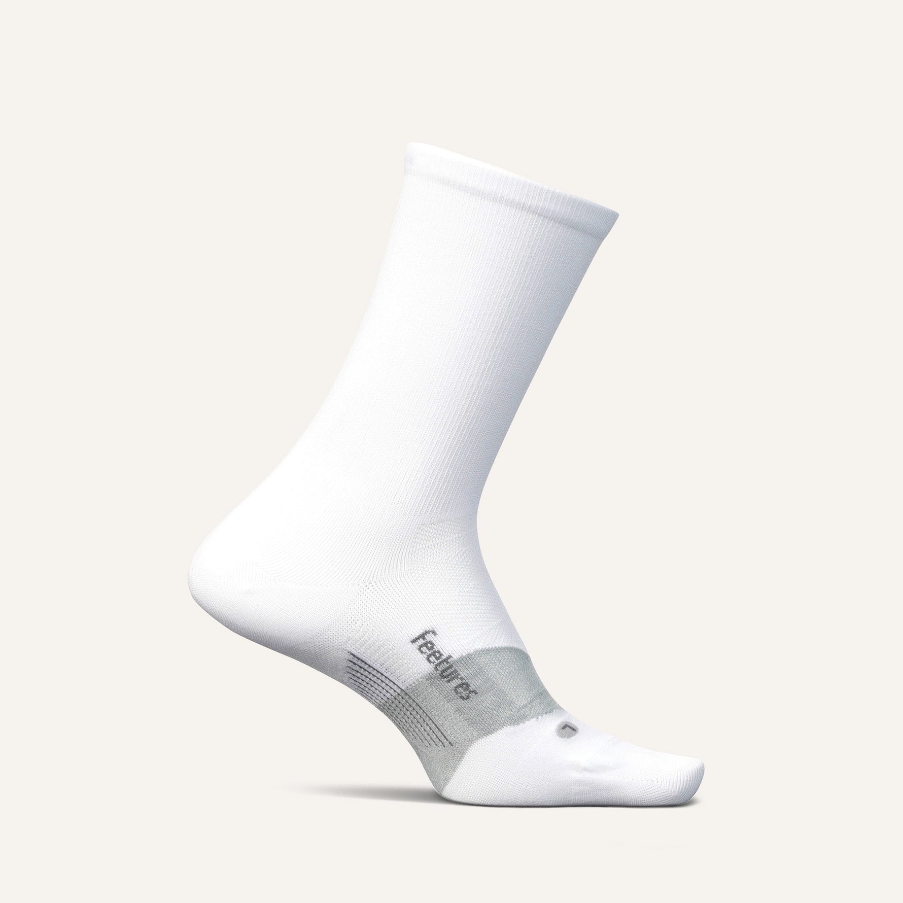 Feetures Elite Ultra Light Mini Crew sock in white with gray accents on neutral background