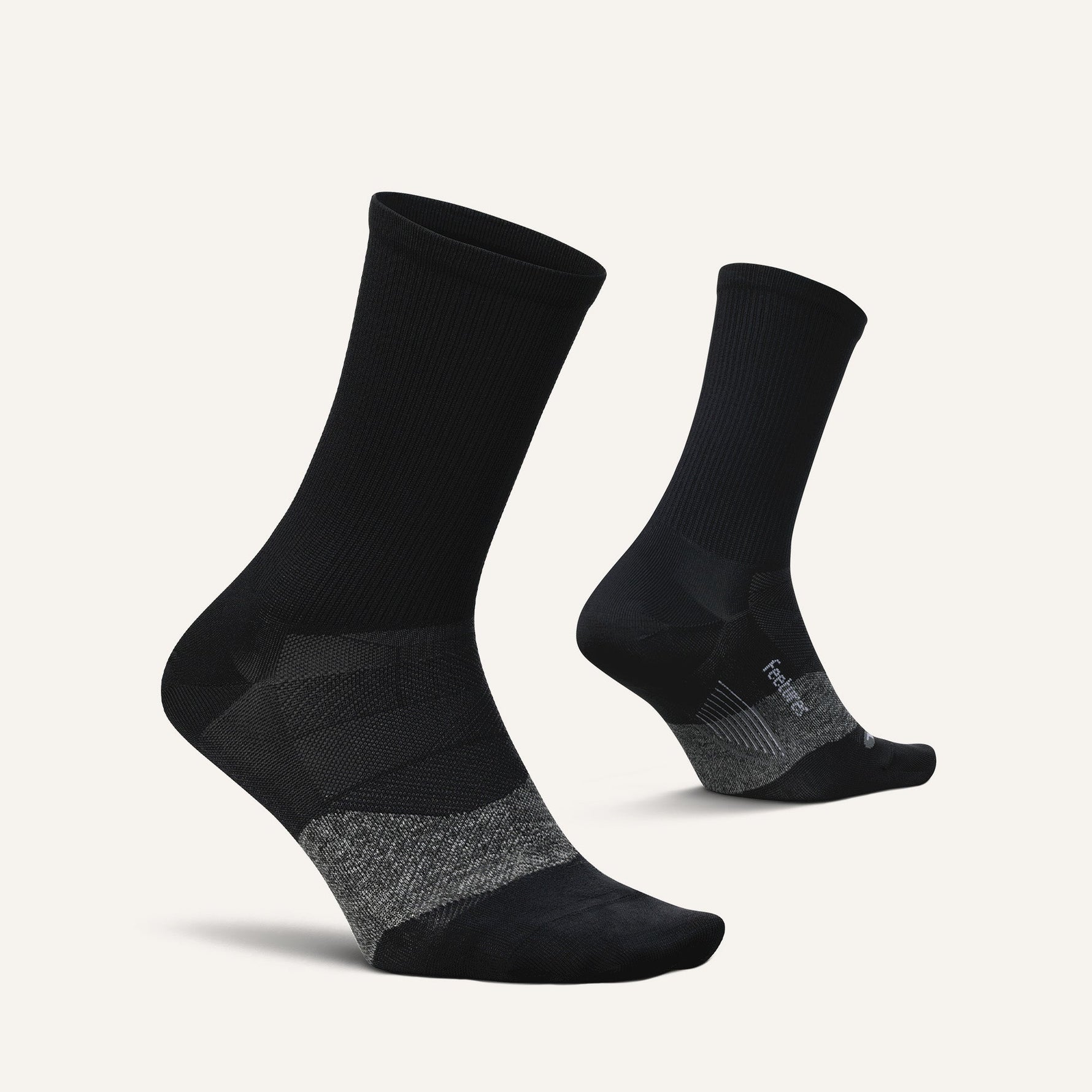 Feetures Elite Ultra Light Mini Crew socks in black shown from front and back angles