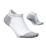 Feetures Elite Max Cushion No Show Tab socks in white and gray, two views shown