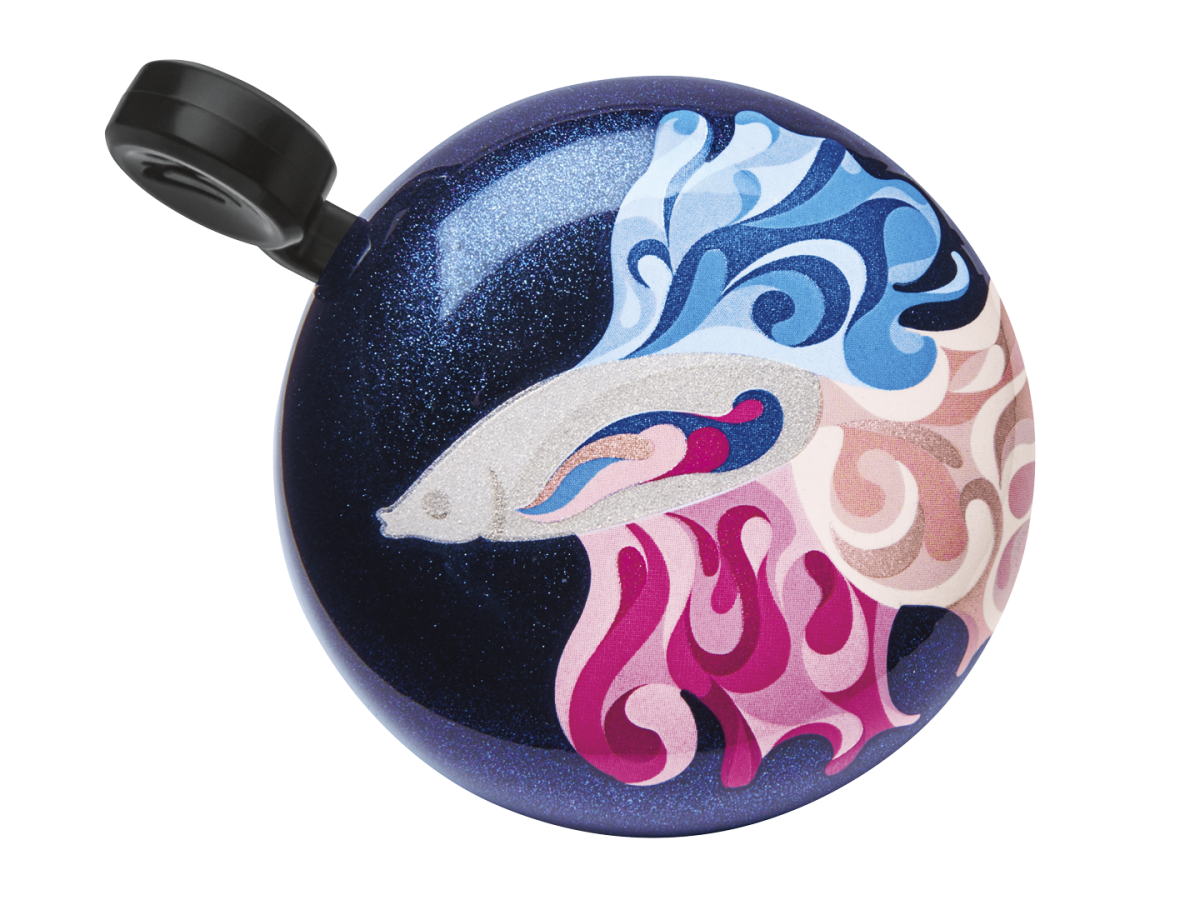 Electra bicycle bell with navy blue background and colorful swirling wave design