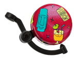 Electra bicycle bell with red sparkle finish featuring tiki road themed graphics and illustrations