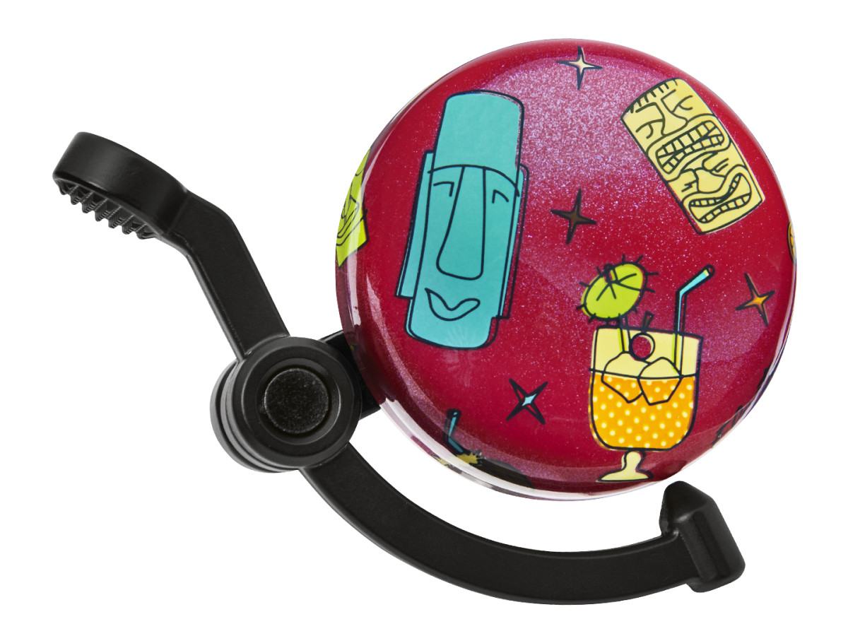 Electra bicycle bell with red sparkle finish featuring tiki road themed graphics and illustrations