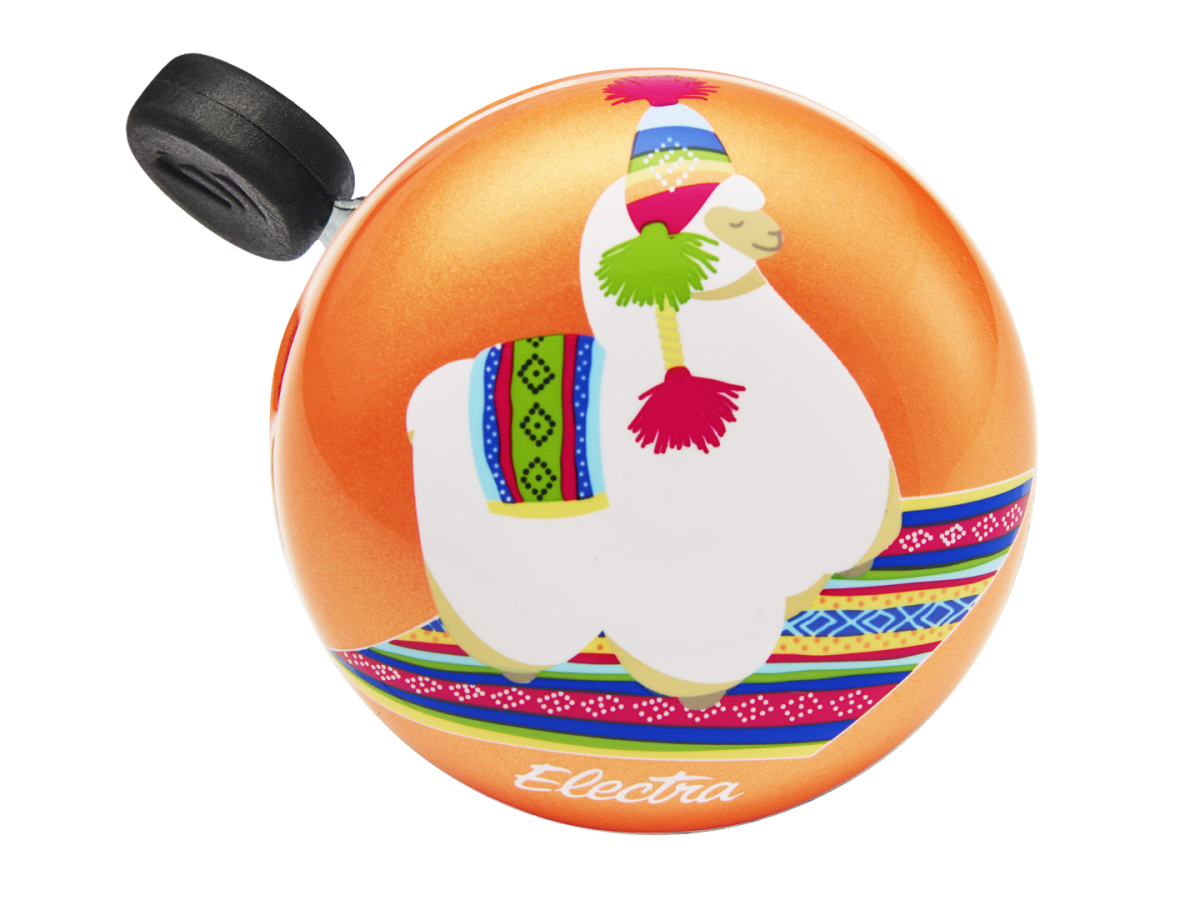 Electra bicycle bell in orange with white alpaca design and colorful Andean patterns