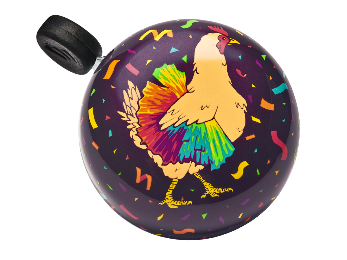Electra bicycle bell with purple background featuring colorful rainbow rooster design