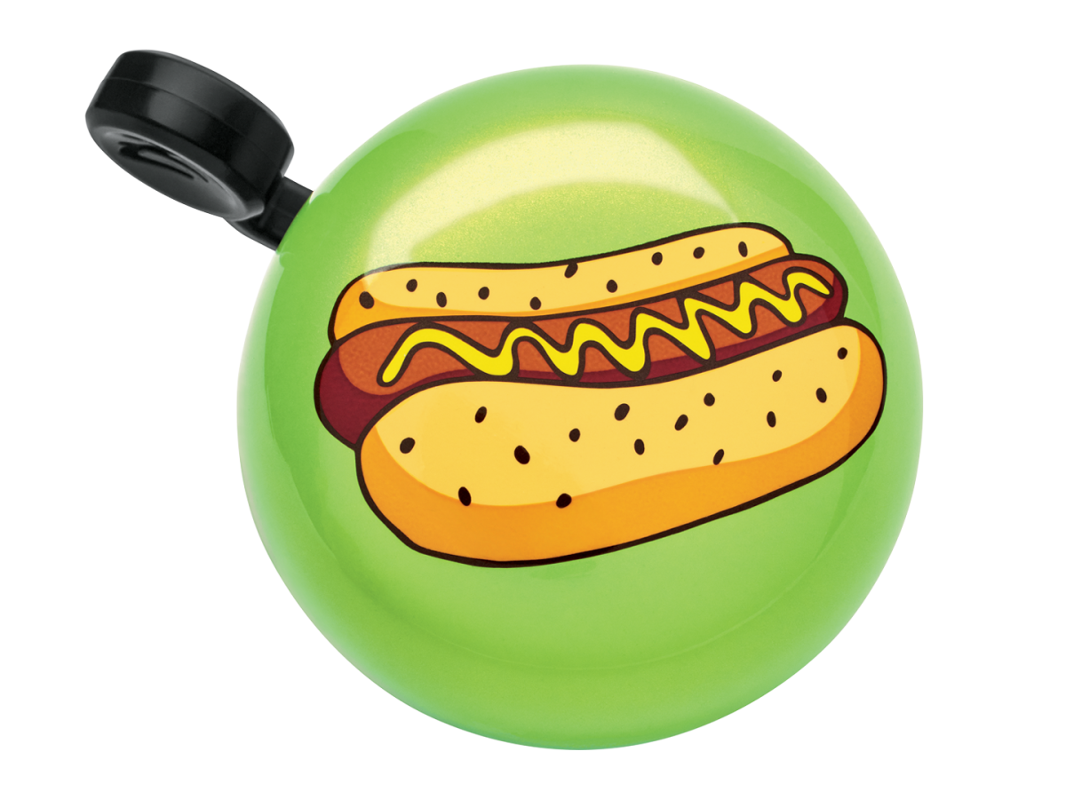 Green Electra bicycle bell featuring colorful hot dog with mustard design