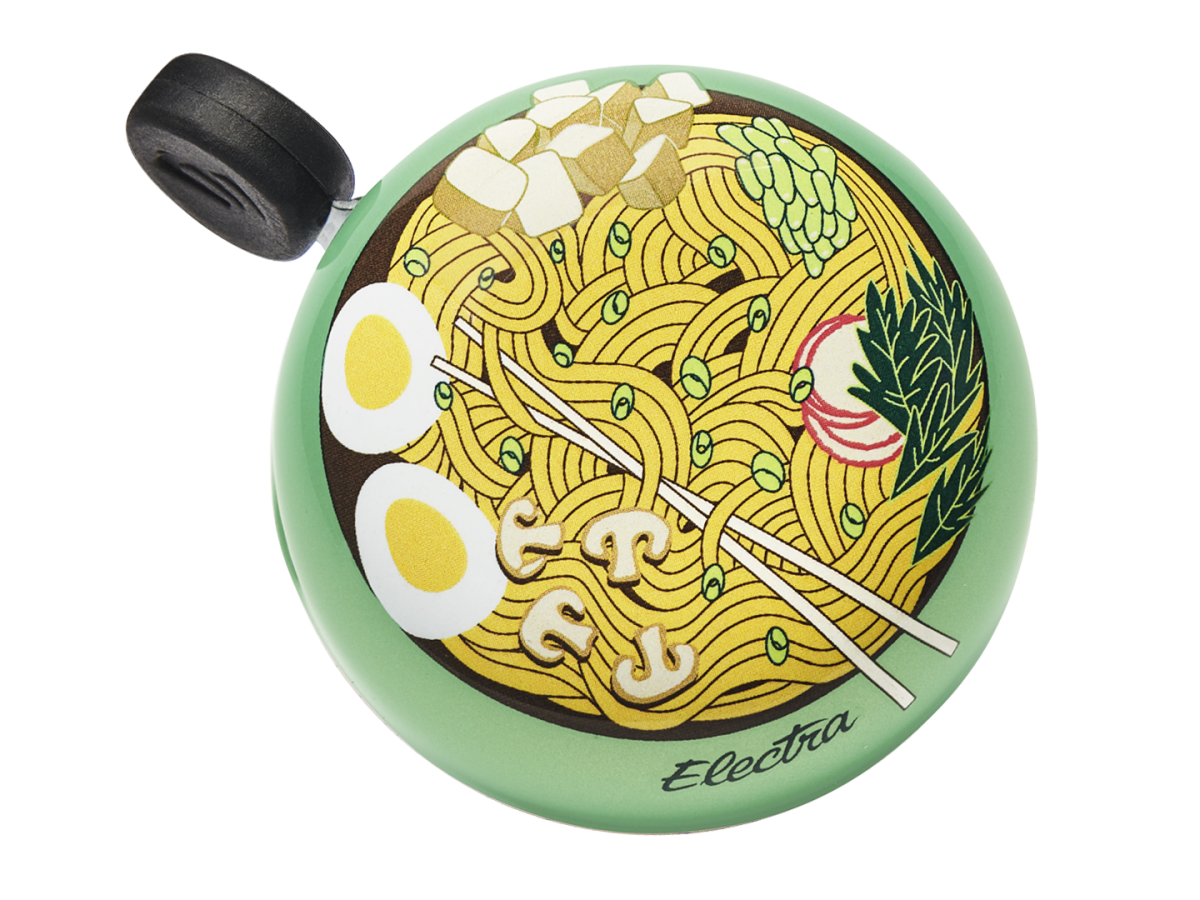 Electra bicycle bell with green background featuring colorful ramen noodle bowl design