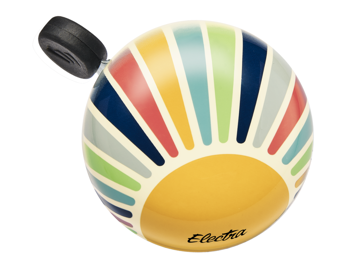 Electra bicycle bell with colorful sun rays pattern featuring yellow center and rainbow stripes