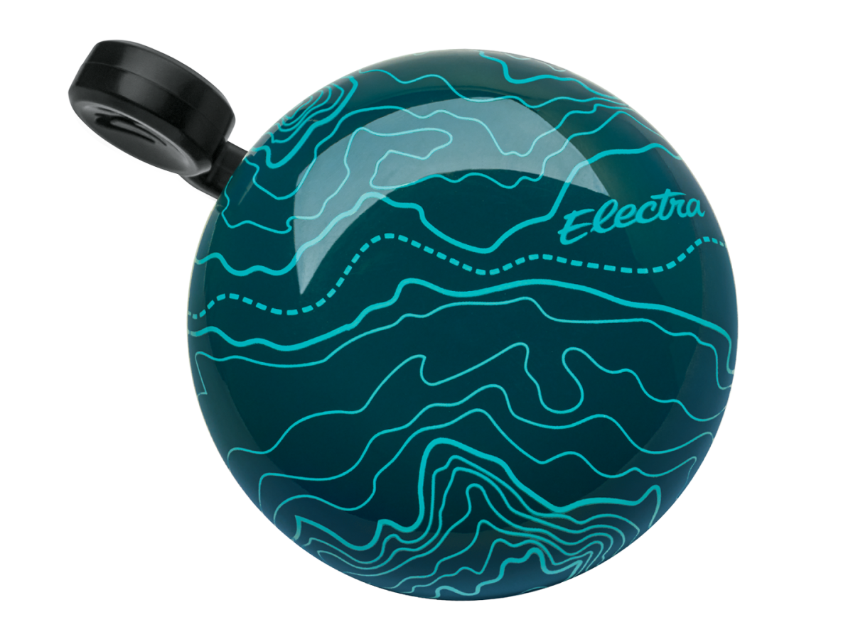 Electra bicycle bell with teal topographic terrain map pattern design
