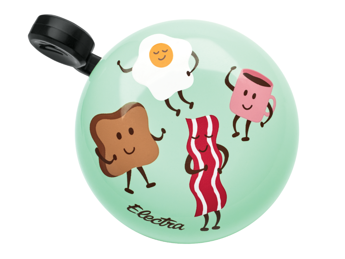 Electra bicycle bell in mint green with cute breakfast characters including egg, bacon, toast and coffee