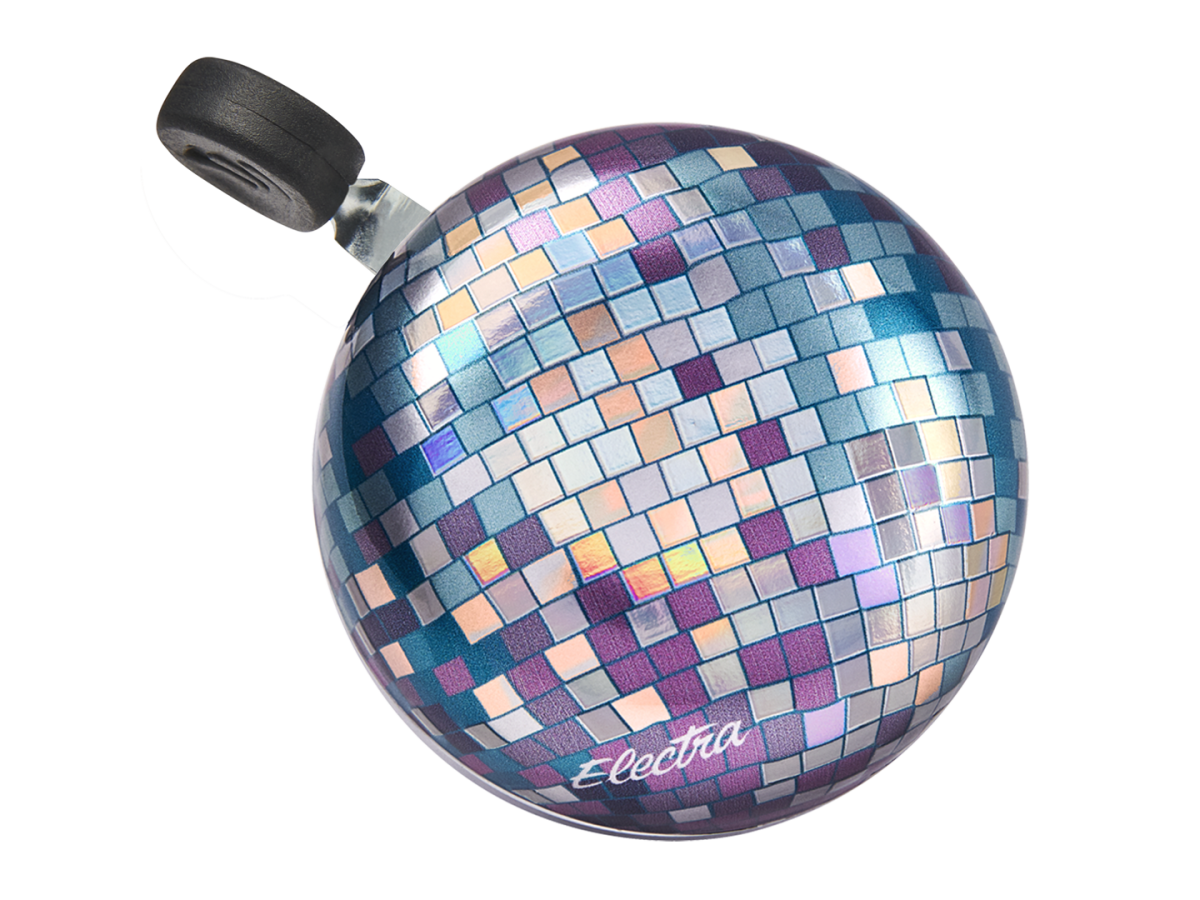 Electra bicycle bell with disco ball mirror tile pattern in purple and blue