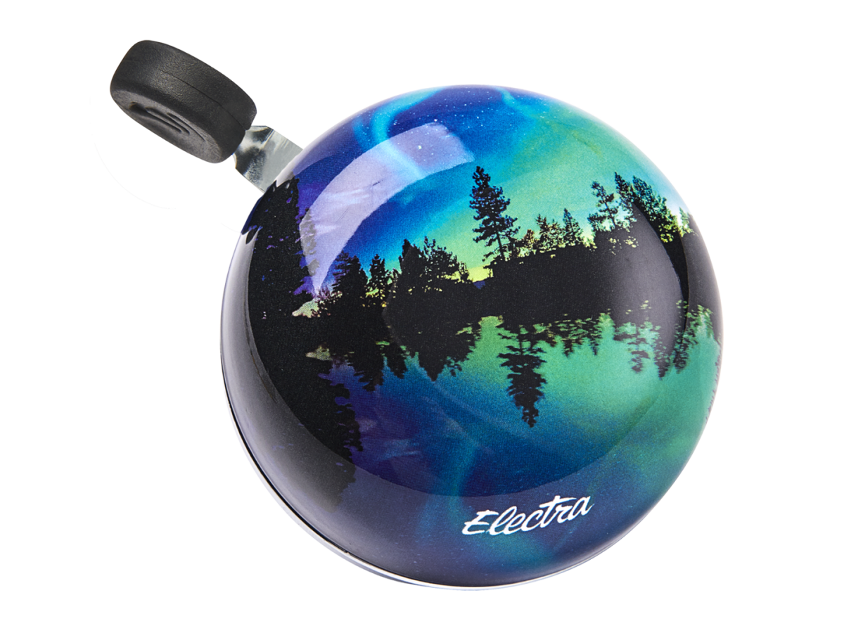 Electra bicycle bell featuring Northern Lights aurora design with silhouetted trees