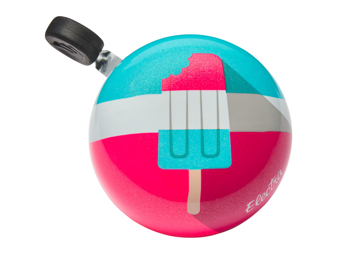 Electra bicycle bell with colorful pop art popsicle design in turquoise and pink