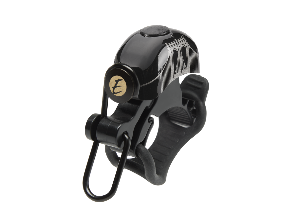 Black Electra bicycle bell with Brooklyn Bridge design and mounting bracket