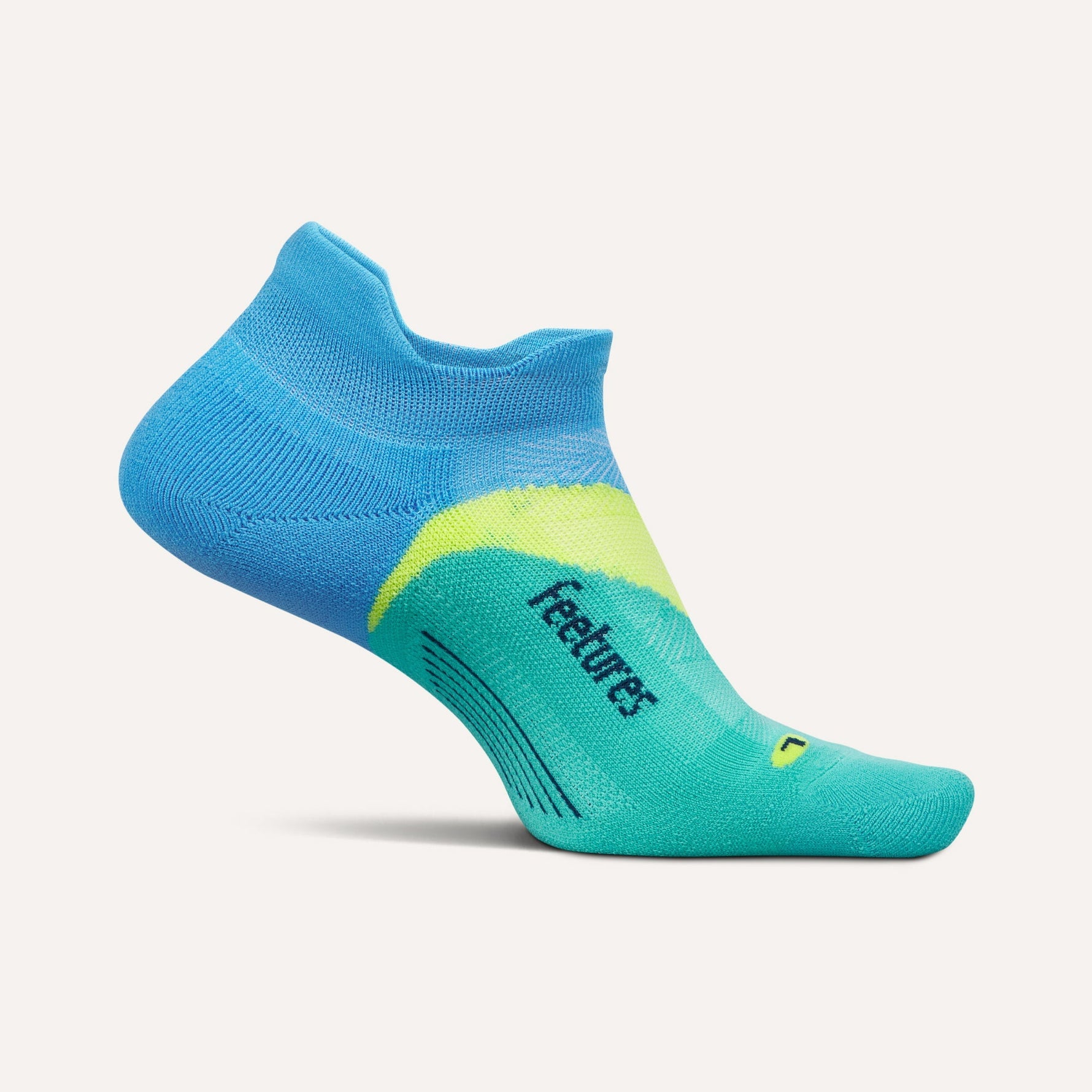 Feetures Elite Light Cushion No-Show Tab sock in mint chip colorway with teal and blue
