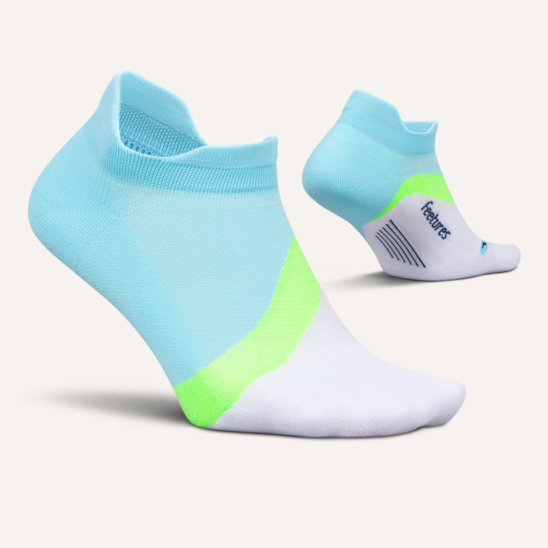 Feetures Elite Light Cushion Tab no-show socks in Mint Chip colorway, front and back views
