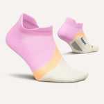 Feetures Elite Light Cushion Tab no-show socks in Lilac Breeze colorway, front and back views
